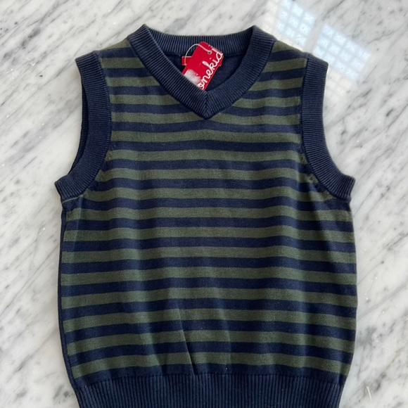 New One Kid brand V neck sweater vest in navy and green stripe - Picture 1 of 2